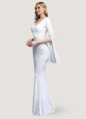 [Final Sale] White V-Neck Long Slit Sleeves Sequin Floor Length Mermaid Dress