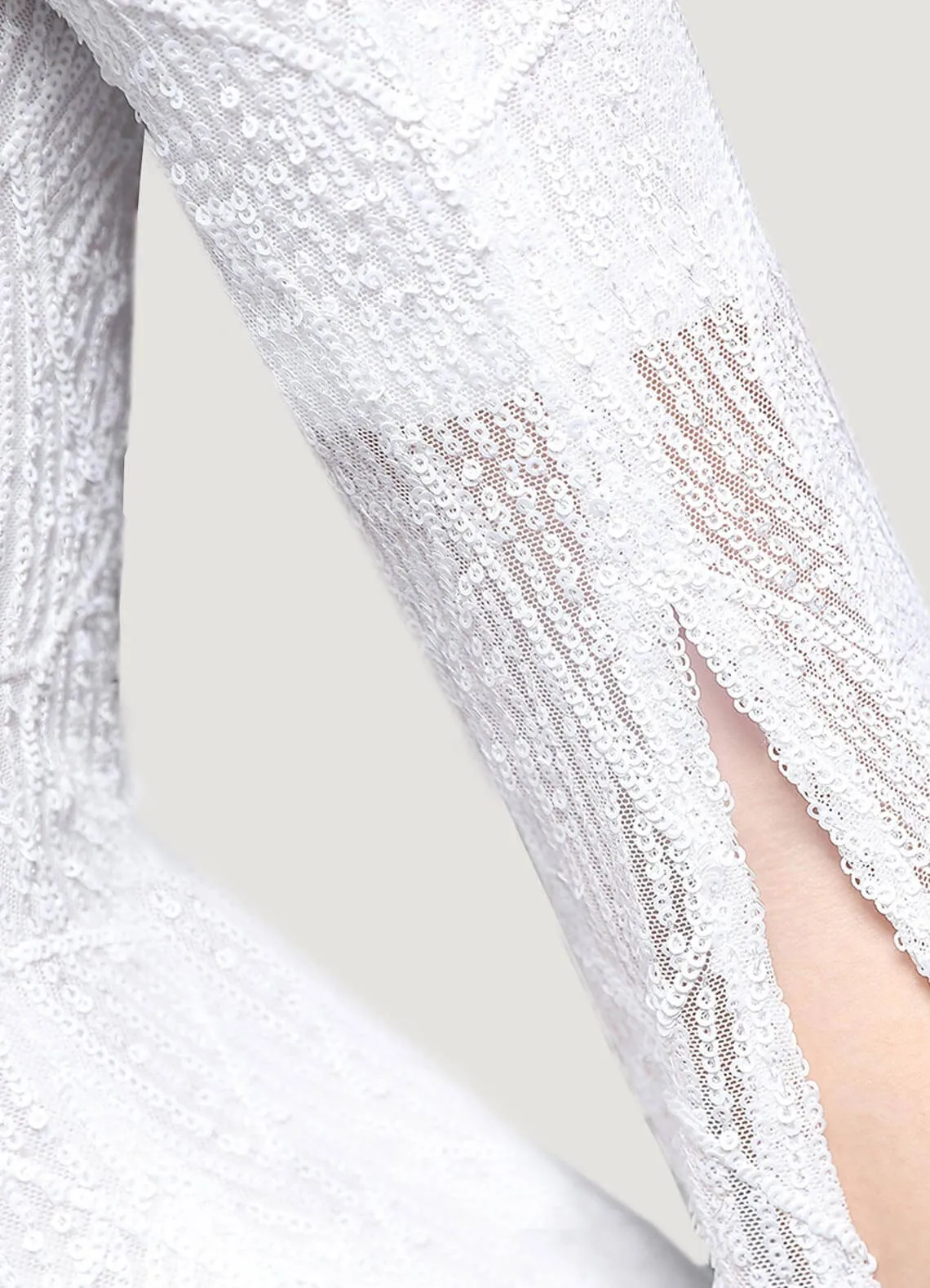 [Final Sale] White V-Neck Long Slit Sleeves Sequin Floor Length Mermaid Dress