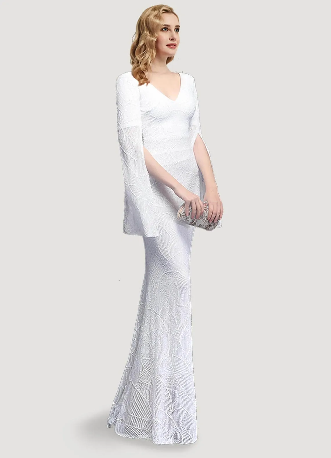 [Final Sale] White V-Neck Long Slit Sleeves Sequin Floor Length Mermaid Dress