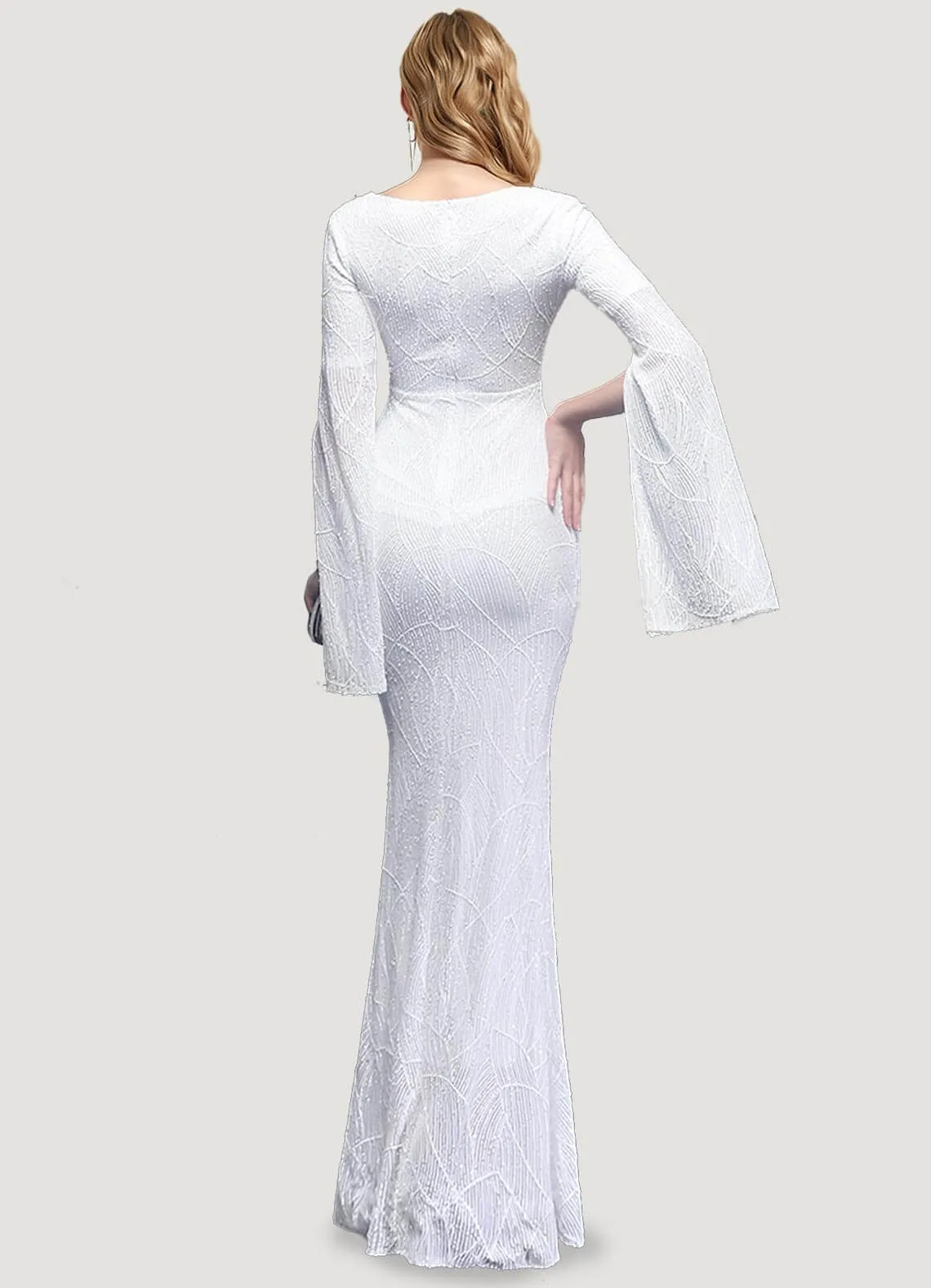 [Final Sale] White V-Neck Long Slit Sleeves Sequin Floor Length Mermaid Dress