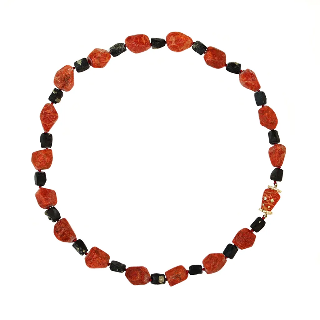 Fred Leighton Red Sponge Coral and Pyrite Beads Strand with 18 Karat Clasp