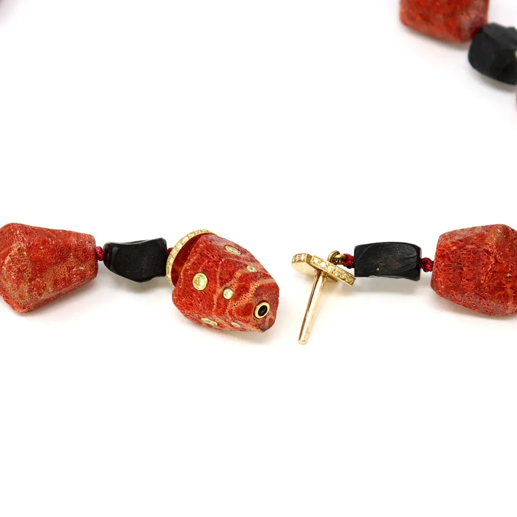 Fred Leighton Red Sponge Coral and Pyrite Beads Strand with 18 Karat Clasp