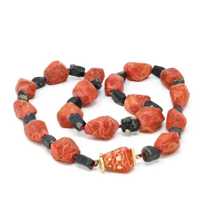 Fred Leighton Red Sponge Coral and Pyrite Beads Strand with 18 Karat Clasp