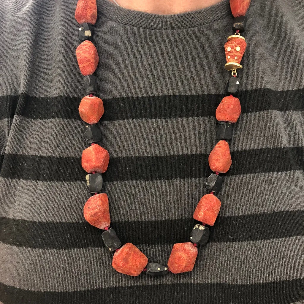 Fred Leighton Red Sponge Coral and Pyrite Beads Strand with 18 Karat Clasp