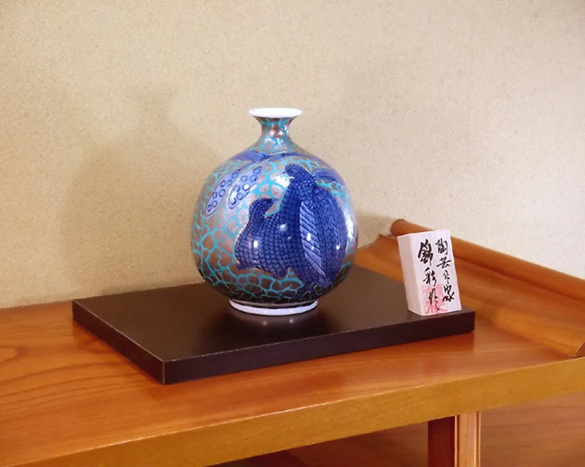 Fujii Kinsai Arita Japan - Somenishiki Platinum Quail Vase 17.50 cm - Free Shipping