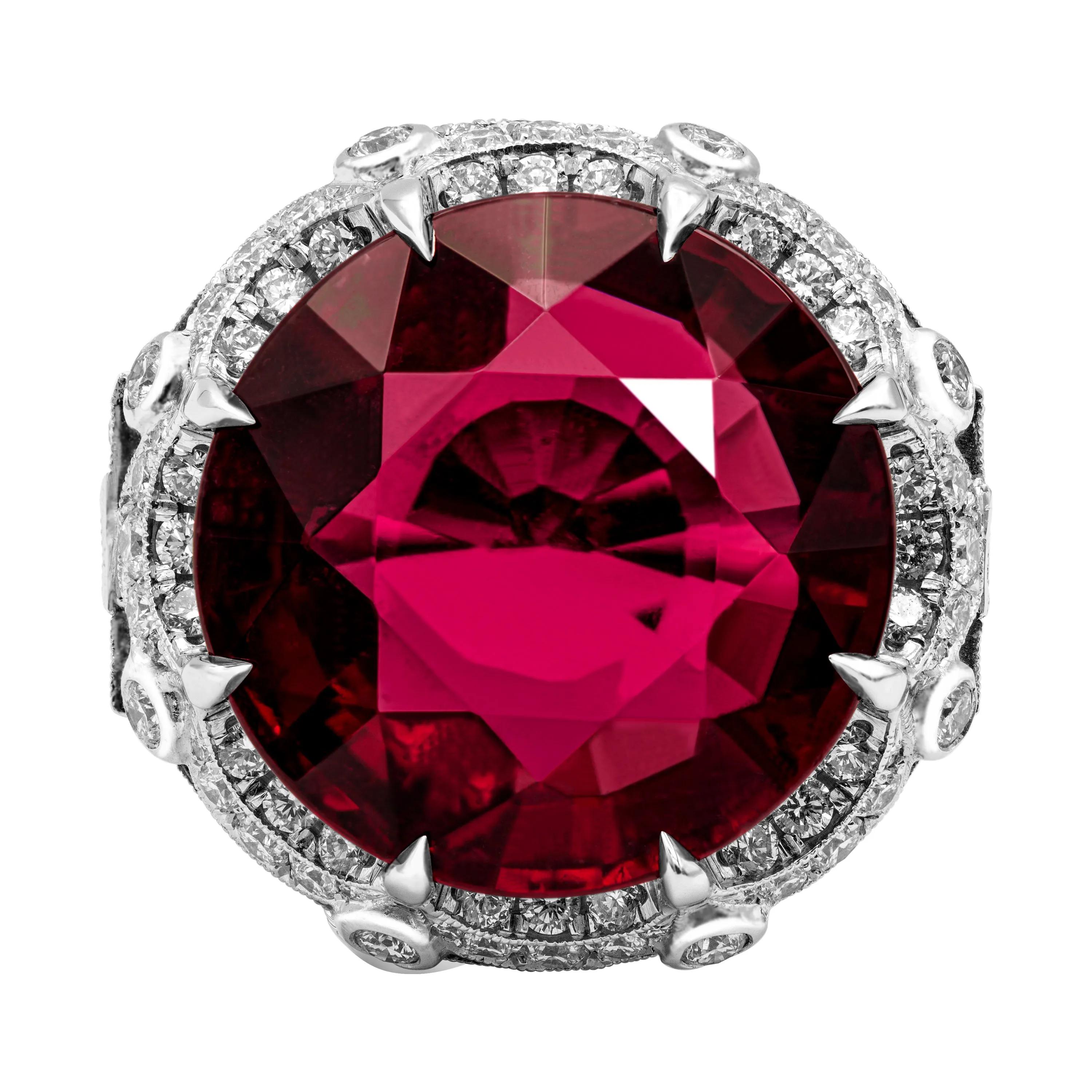 GIA Certified 27.25 Carat Round Red Rubellite Tourmaline Diamond Ring