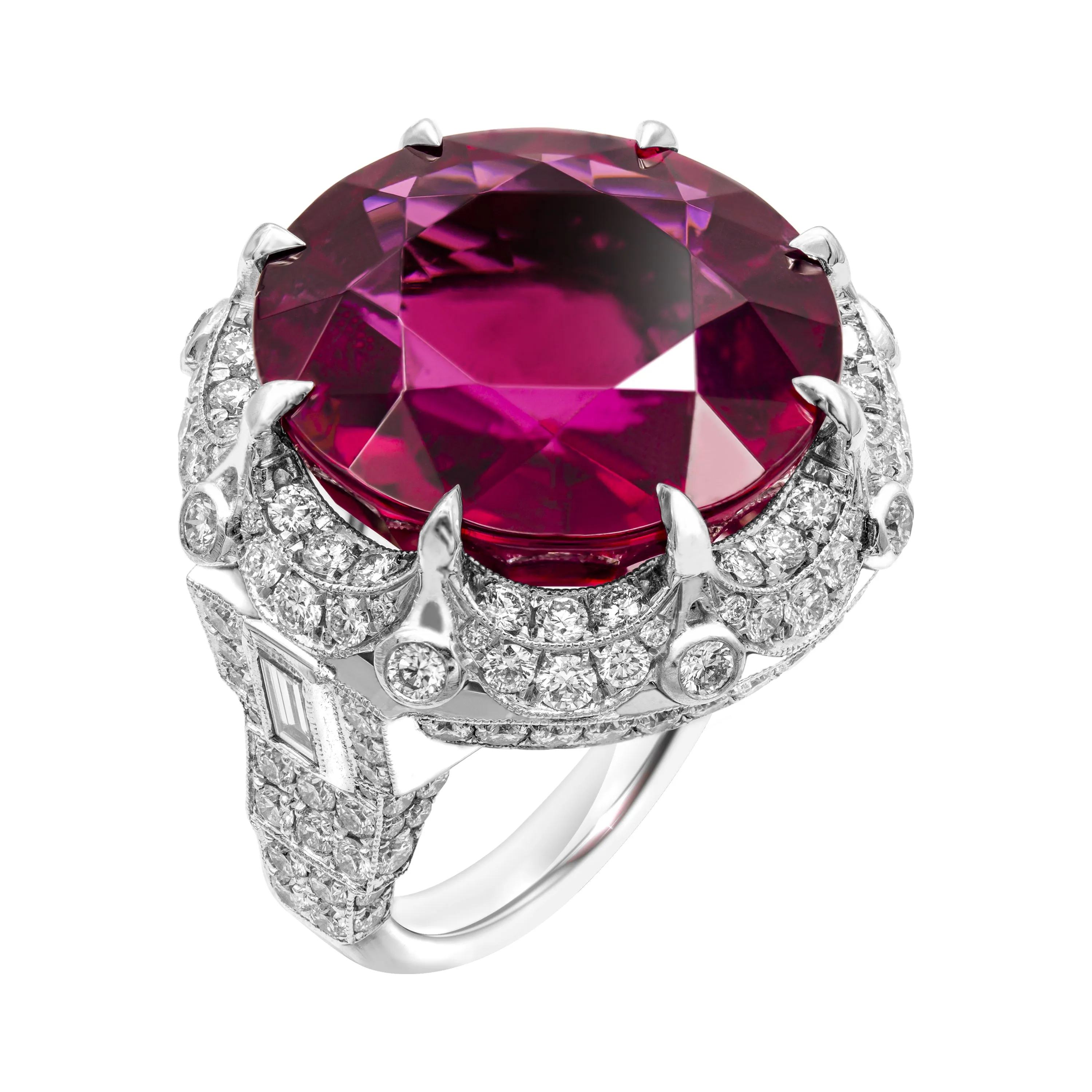 GIA Certified 27.25 Carat Round Red Rubellite Tourmaline Diamond Ring