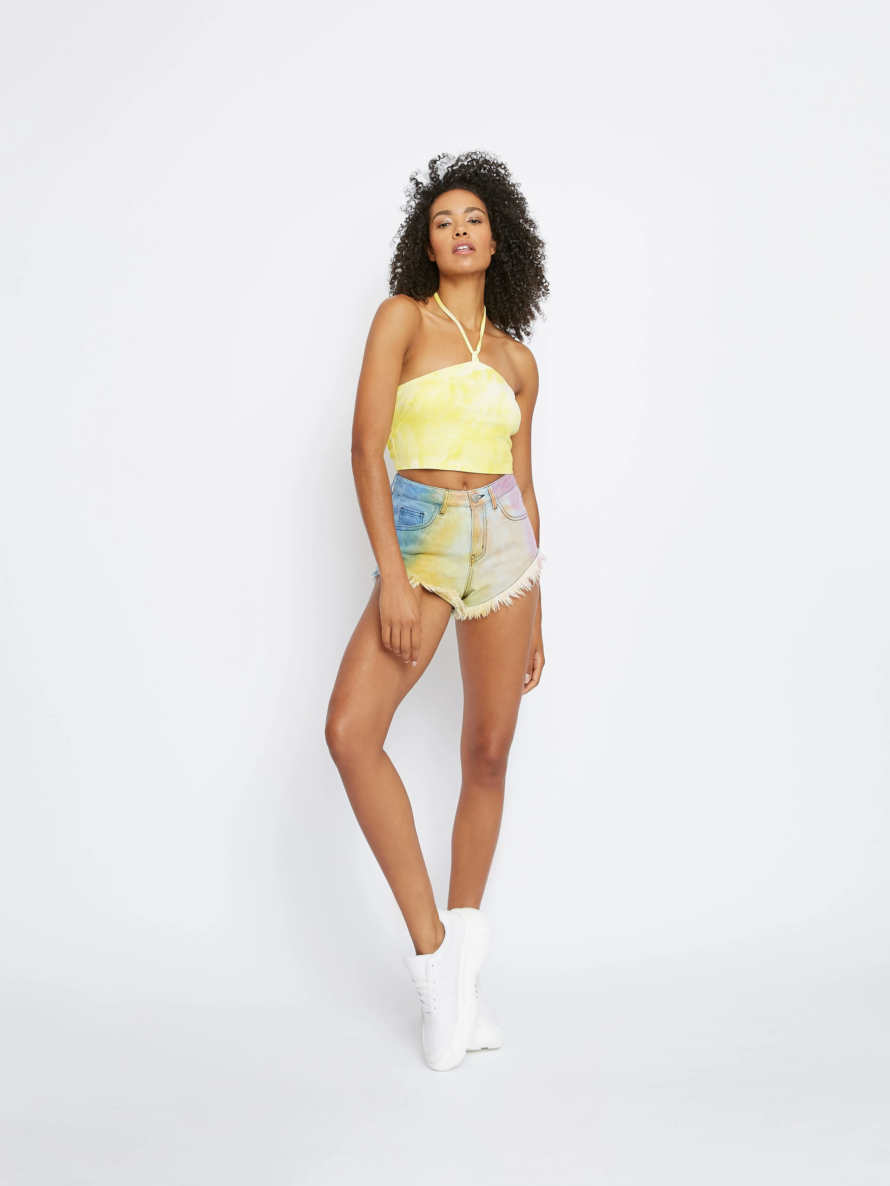 Glamorous Yellow Tie Dye Halter Neck Crop Top