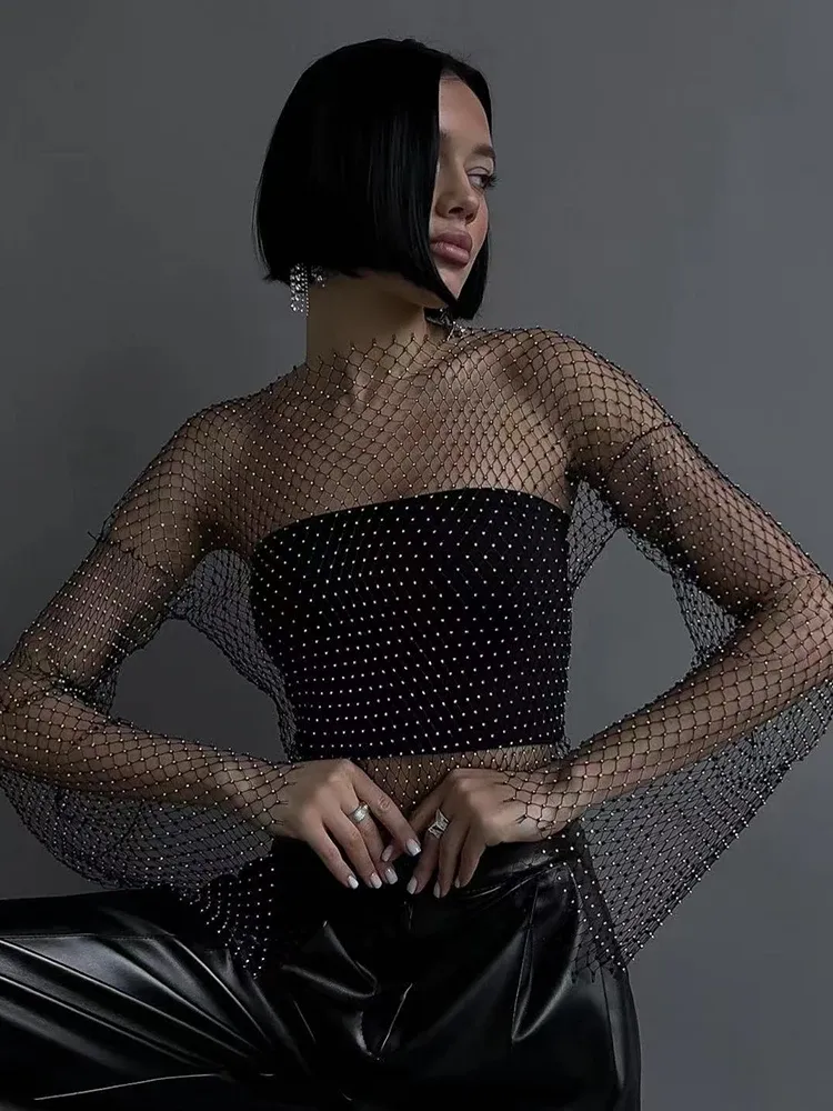 Glitter Rhinestone Mesh Crop Top