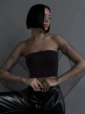 Glitter Rhinestone Mesh Crop Top