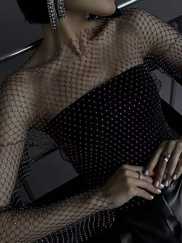 Glitter Rhinestone Mesh Crop Top