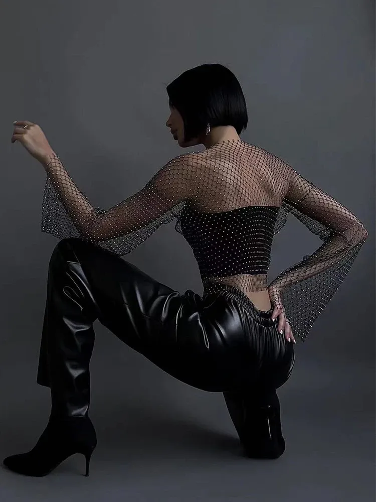 Glitter Rhinestone Mesh Crop Top