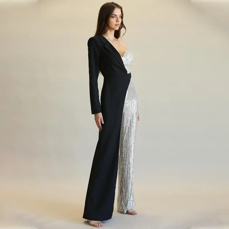 Glitz Glam Silver One-shoulder Jumpsuit
