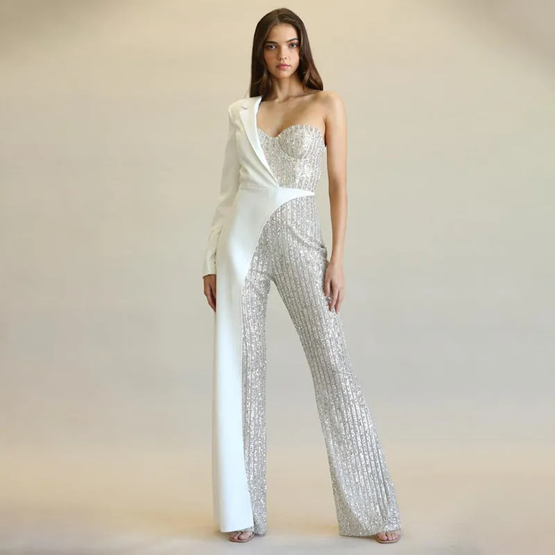 Glitz Glam Silver One-shoulder Jumpsuit