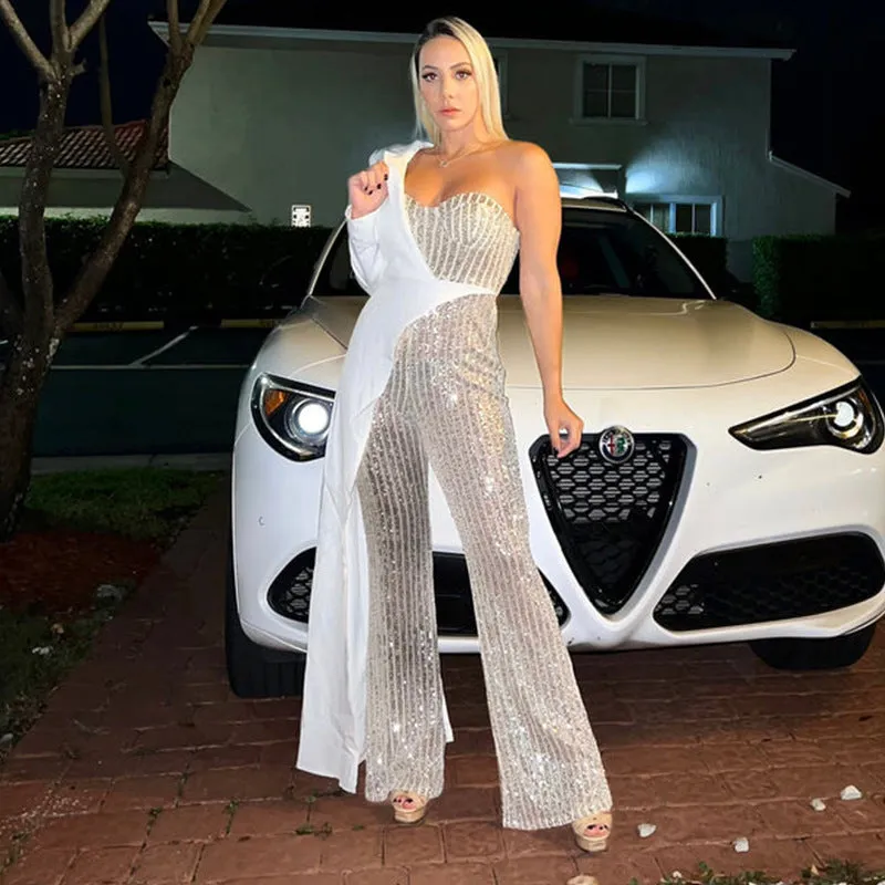 Glitz Glam Silver One-shoulder Jumpsuit