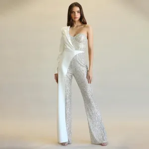 Glitz Glam Silver One-shoulder Jumpsuit