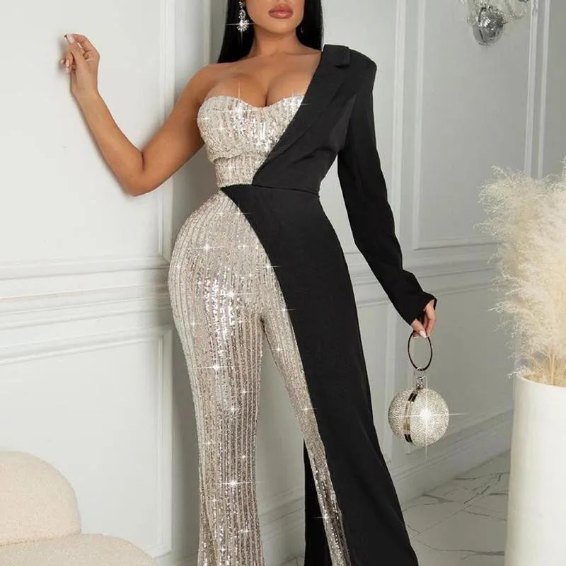 Glitz Glam Silver One-shoulder Jumpsuit