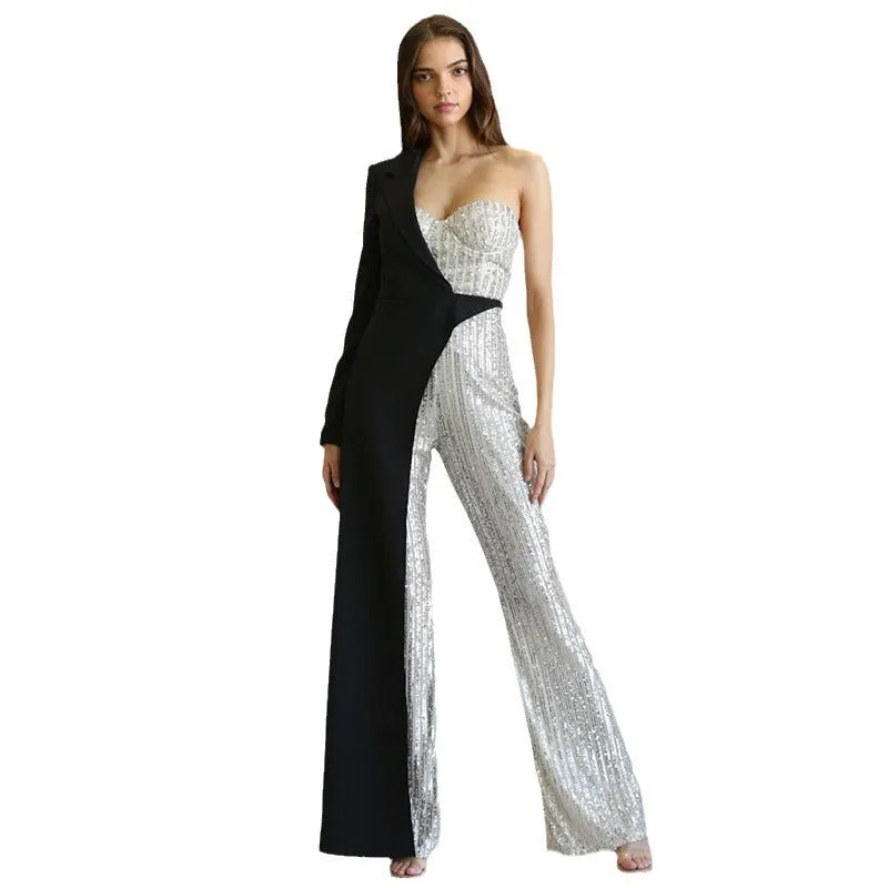 Glitz Glam Silver One-shoulder Jumpsuit