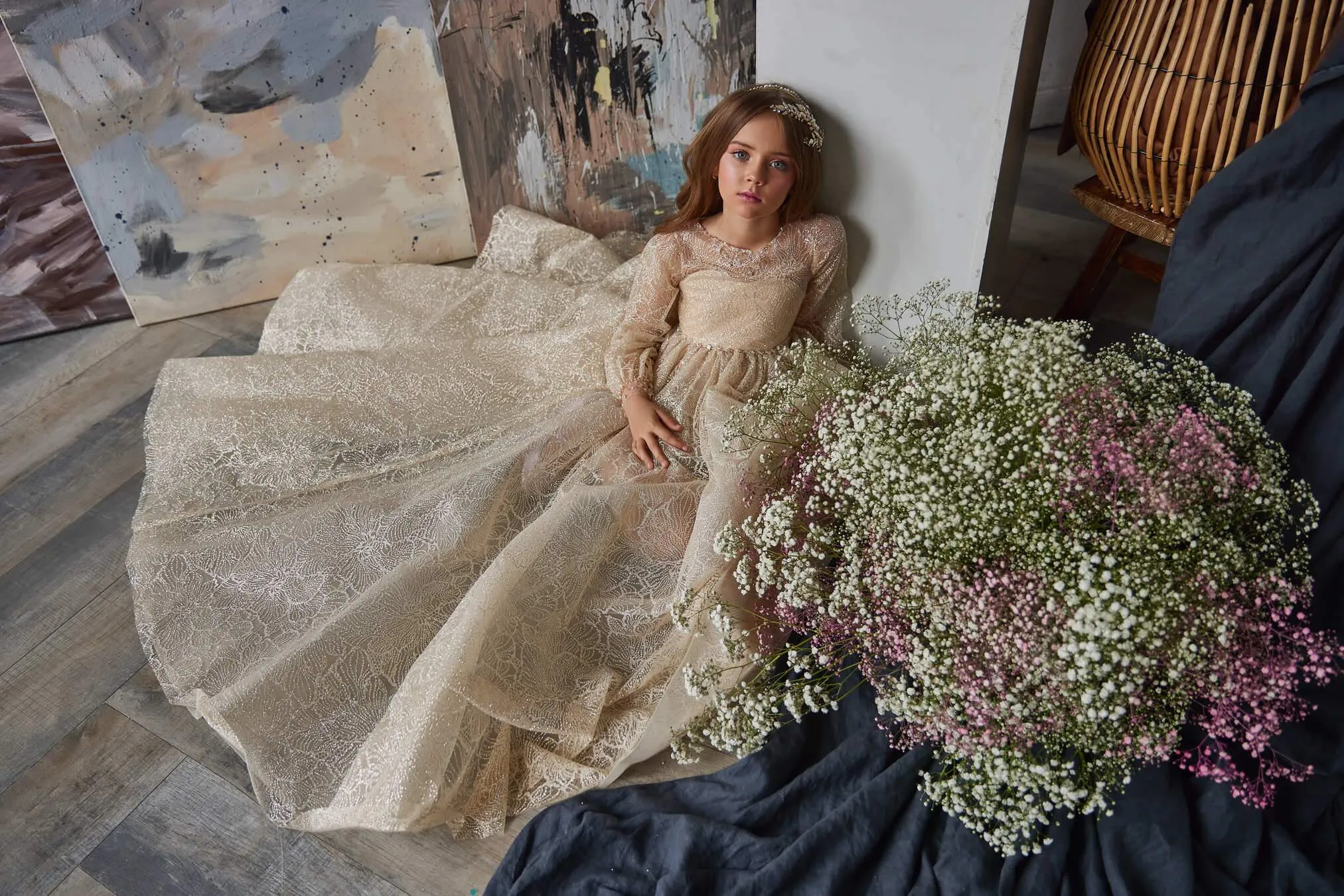 Gold Flower Girl Dress with Long Sleeves