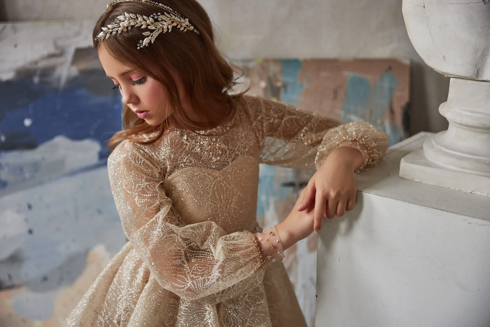 Gold Flower Girl Dress with Long Sleeves