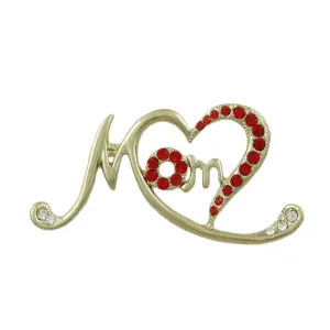 Gold Stylized Open Heart with Red Crystals MOM Pin - PRF323