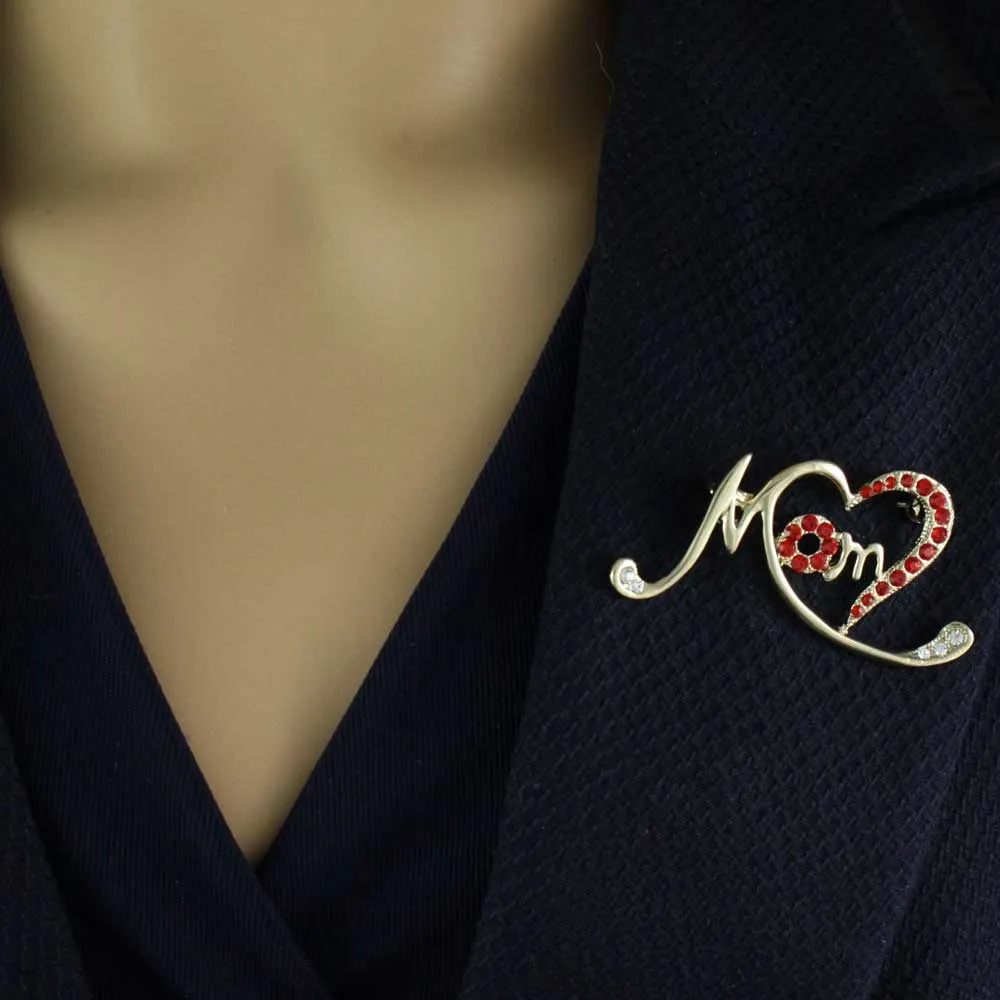 Gold Stylized Open Heart with Red Crystals MOM Pin - PRF323
