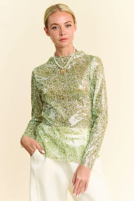 Green Sage Sequin Mock Neck Long Sleeve Mesh Top