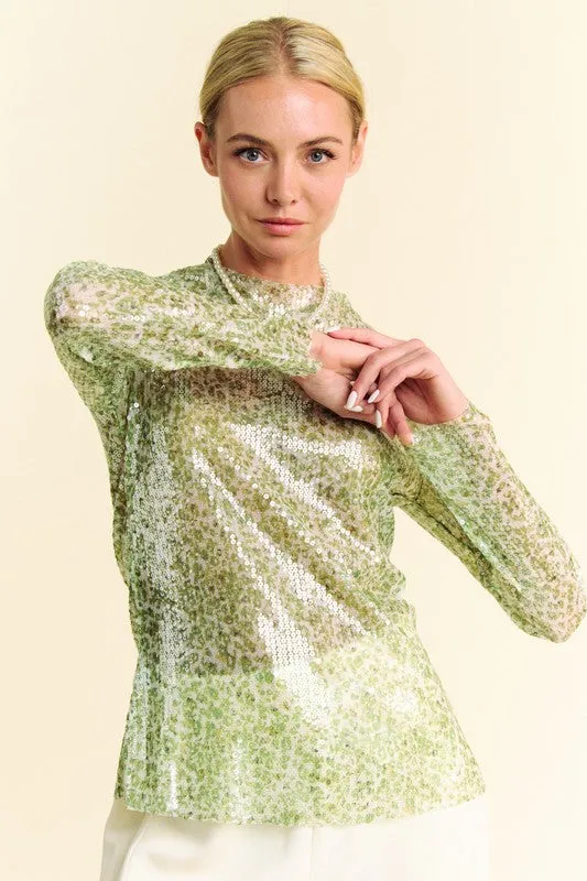 Green Sage Sequin Mock Neck Long Sleeve Mesh Top