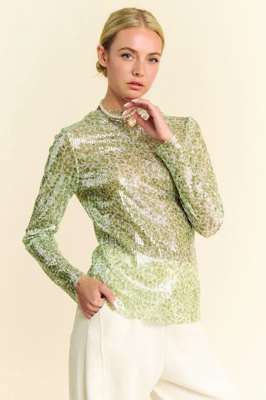 Green Sage Sequin Mock Neck Long Sleeve Mesh Top