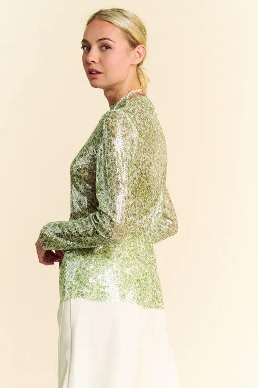 Green Sage Sequin Mock Neck Long Sleeve Mesh Top
