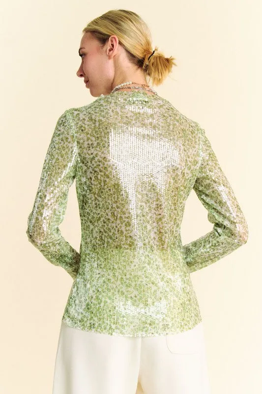 Green Sage Sequin Mock Neck Long Sleeve Mesh Top