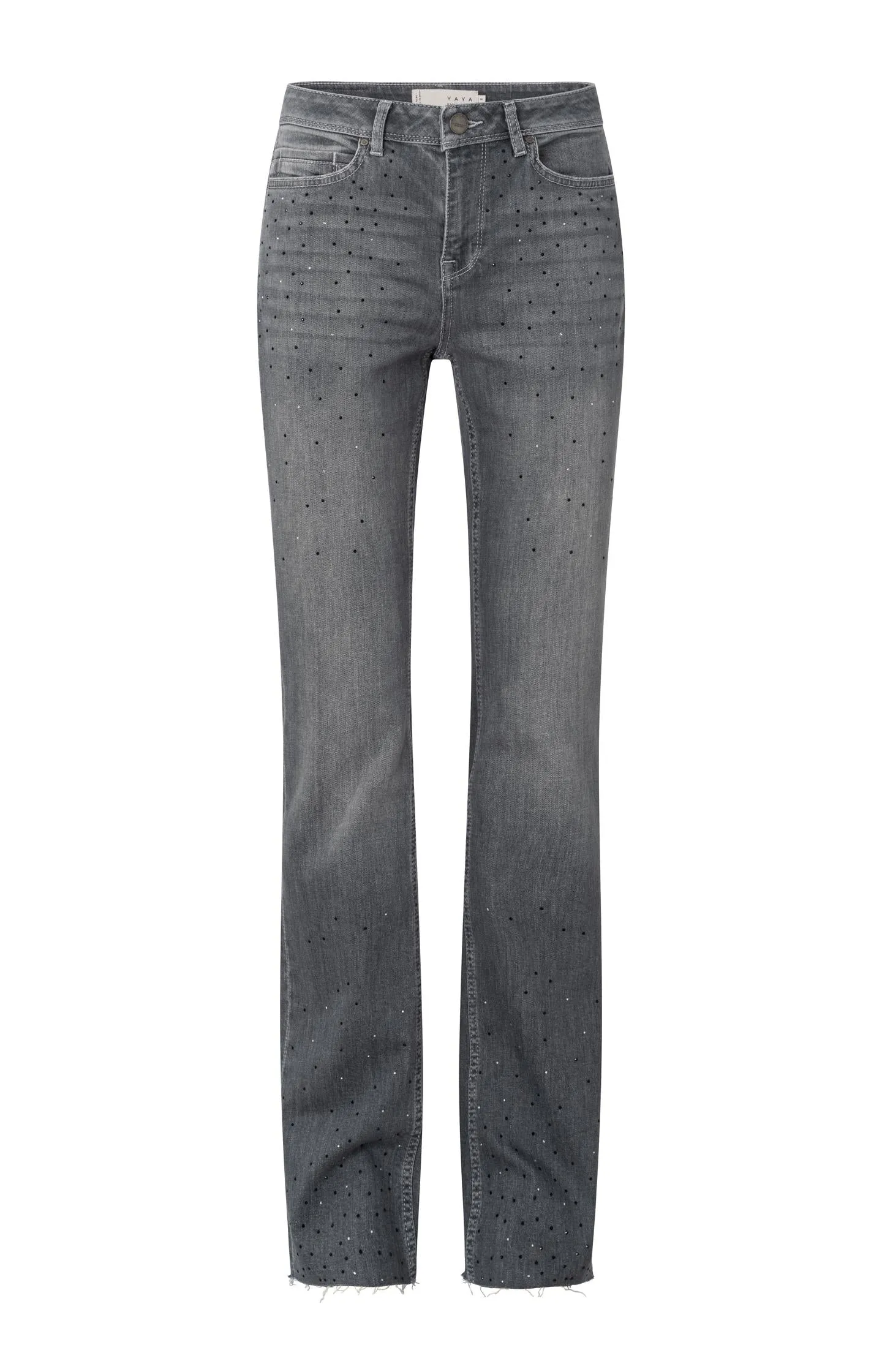 Grey flared denim jeans with rhinestones and high waist