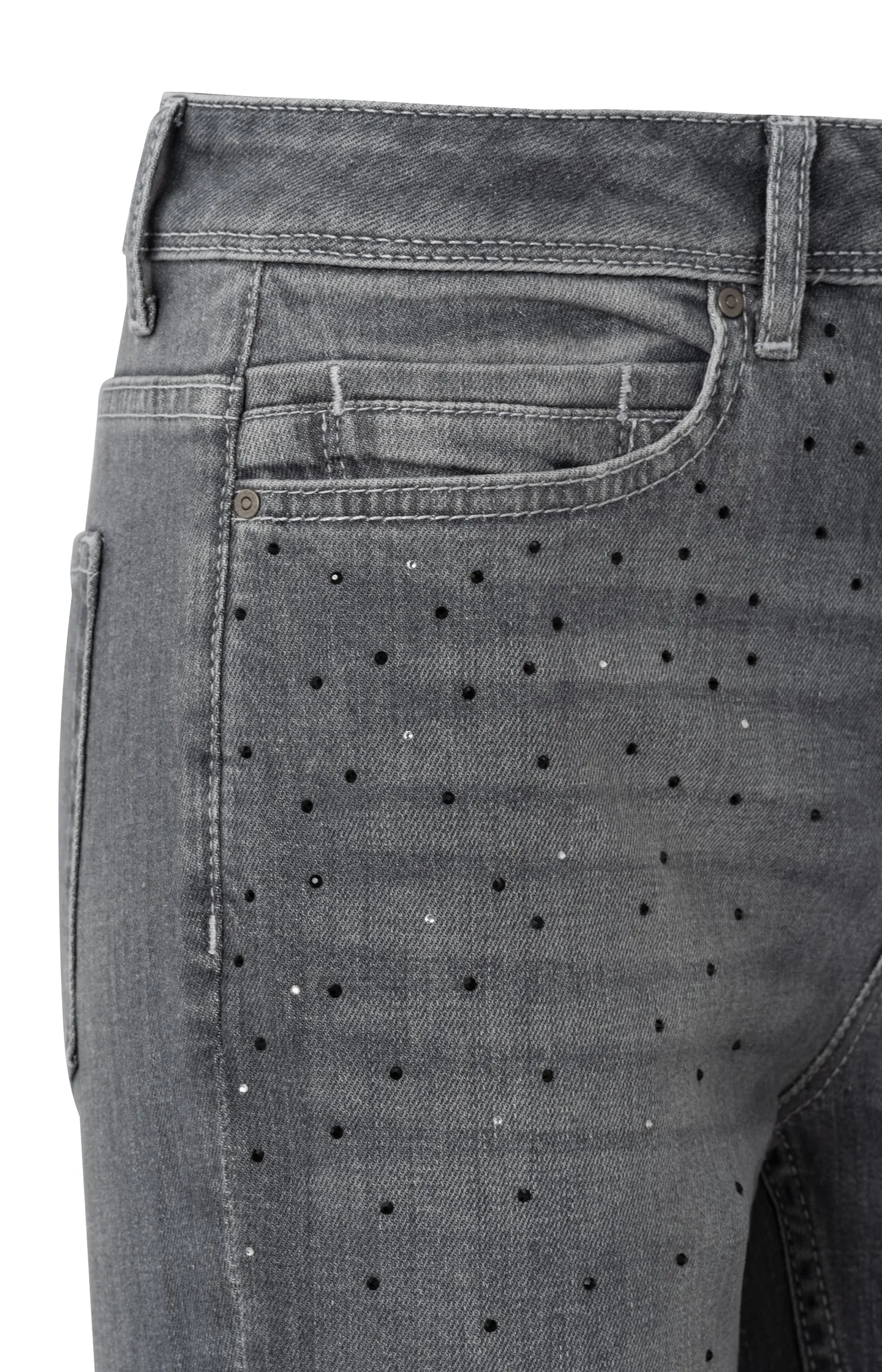 Grey flared denim jeans with rhinestones and high waist