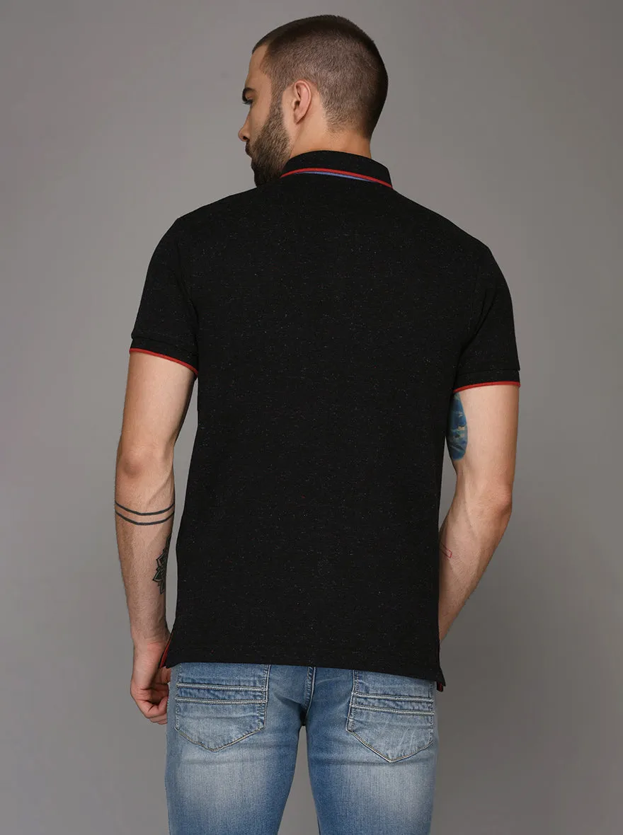 Gun Powder Black Self Textured Slim Fit Polo T-Shirt | JadeBlue