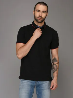 Gun Powder Black Self Textured Slim Fit Polo T-Shirt | JadeBlue