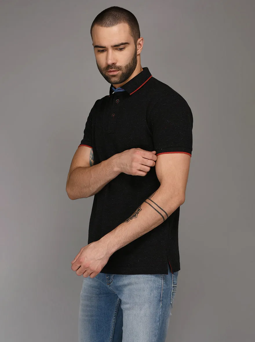 Gun Powder Black Self Textured Slim Fit Polo T-Shirt | JadeBlue