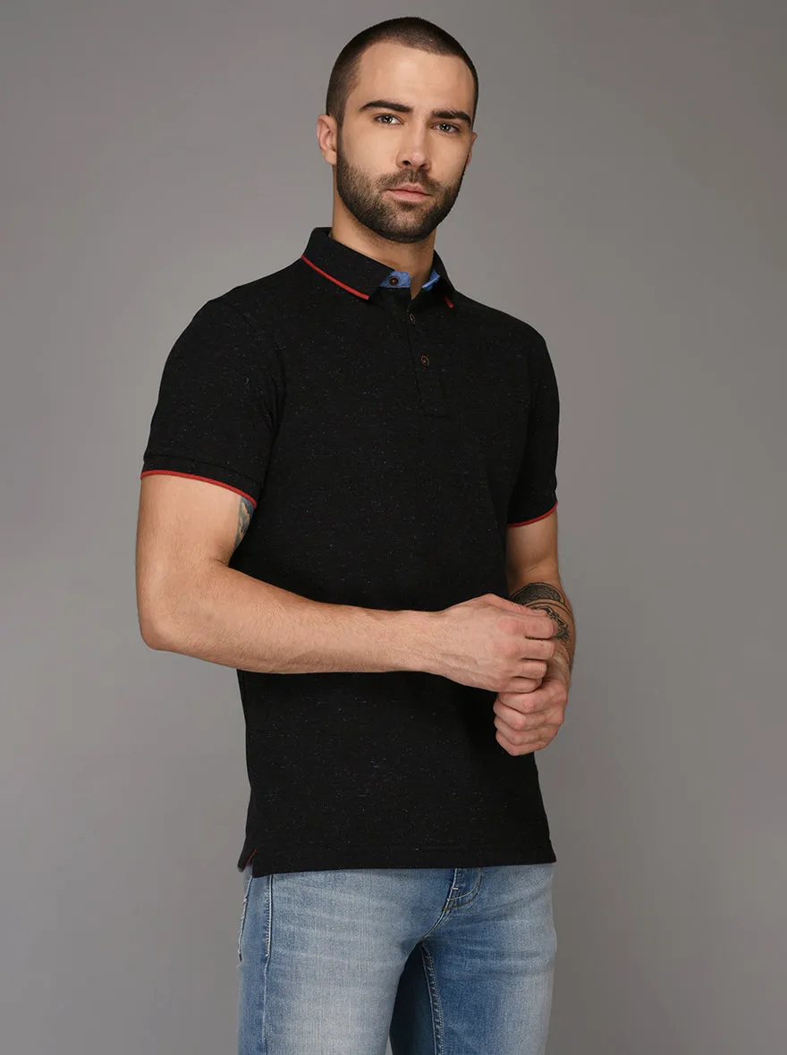 Gun Powder Black Self Textured Slim Fit Polo T-Shirt | JadeBlue
