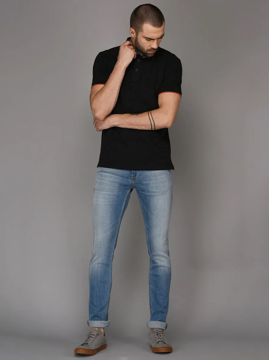 Gun Powder Black Self Textured Slim Fit Polo T-Shirt | JadeBlue