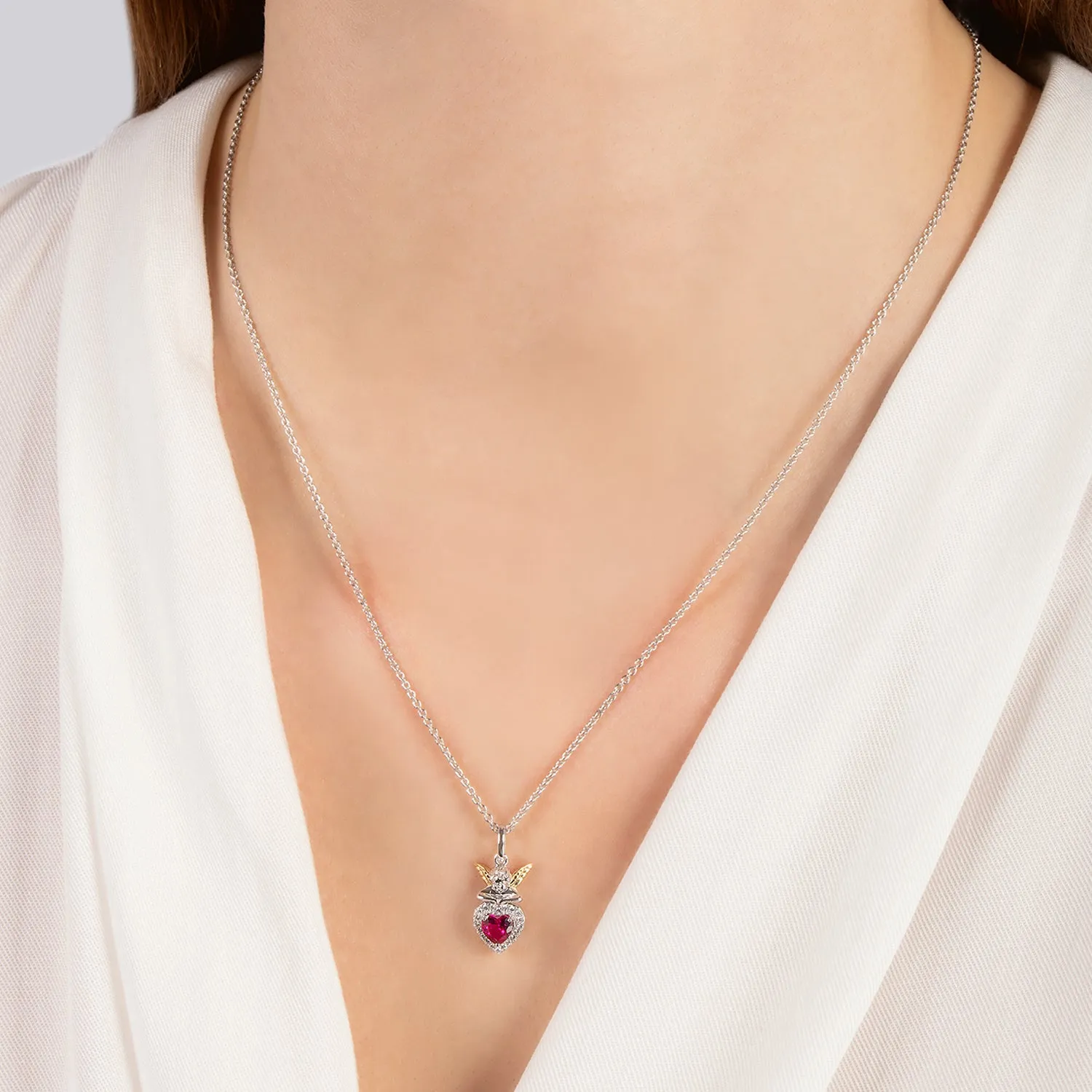 Hallmark Fine Jewelry I Heart You Pendant in Sterling Silver & 14K Yellow Gold with Diamonds & Created Ruby