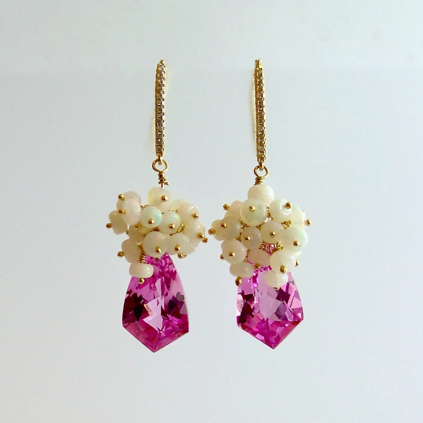 Hot Pink Topaz Shield Briolettes Ethiopian Opal Cluster Earrings - Desiree II Earrings