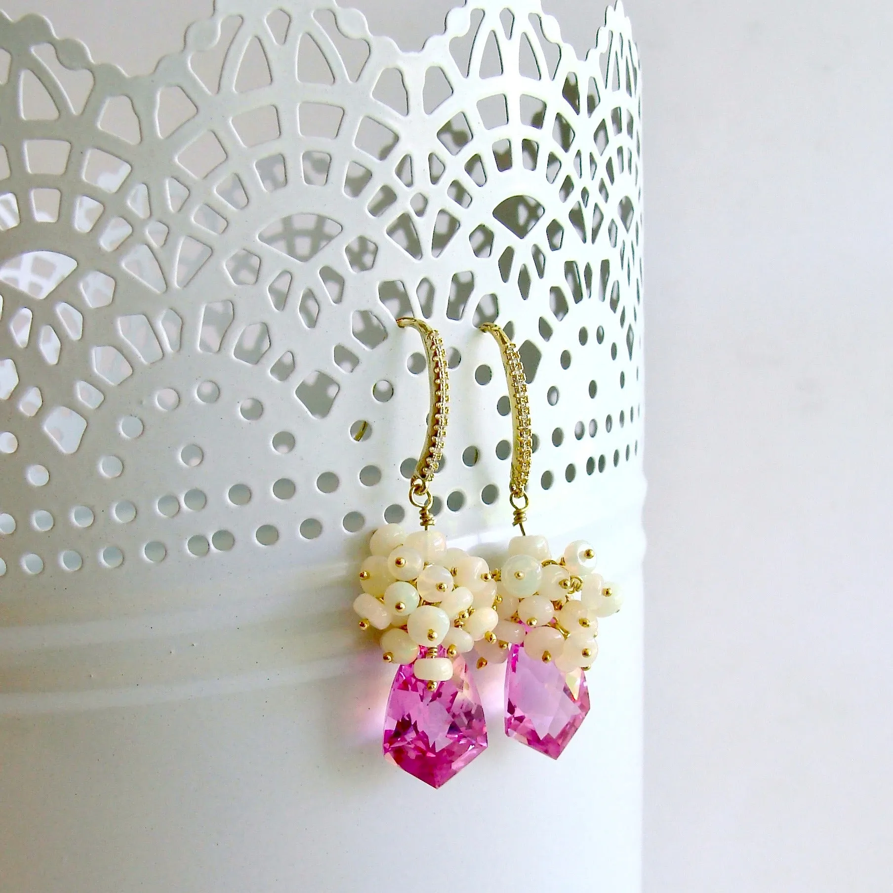 Hot Pink Topaz Shield Briolettes Ethiopian Opal Cluster Earrings - Desiree II Earrings