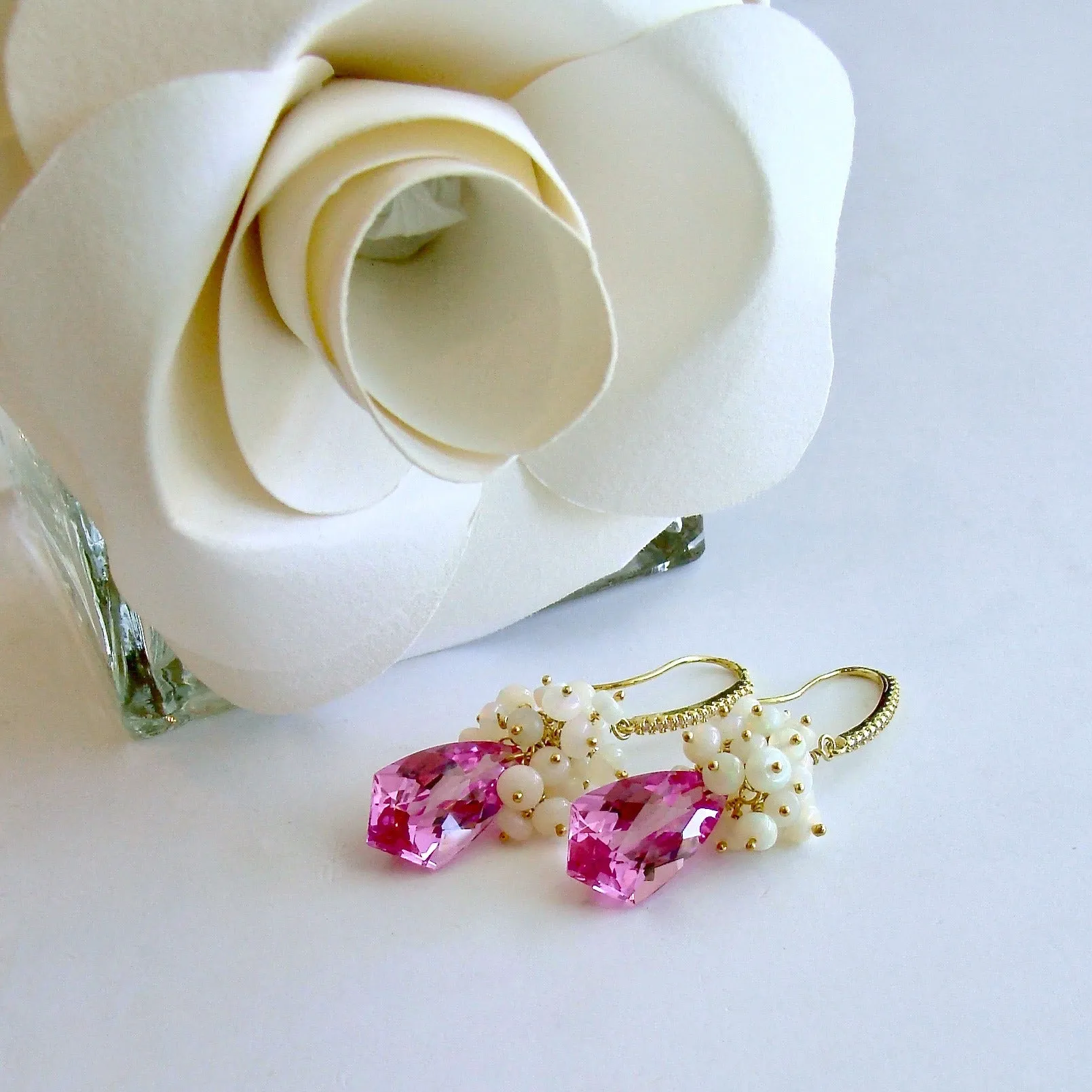 Hot Pink Topaz Shield Briolettes Ethiopian Opal Cluster Earrings - Desiree II Earrings