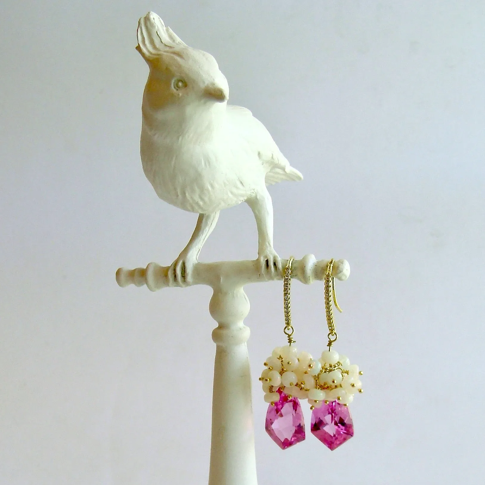 Hot Pink Topaz Shield Briolettes Ethiopian Opal Cluster Earrings - Desiree II Earrings