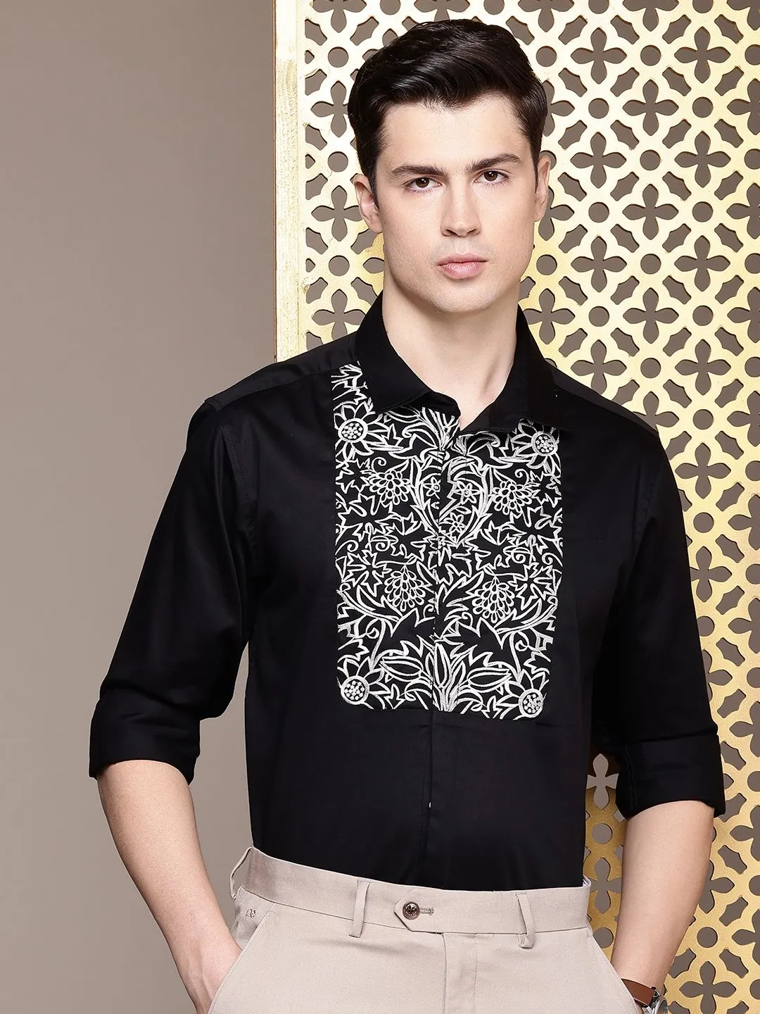 House of Pataudi Men Opaque Red Carpet Party Shirt