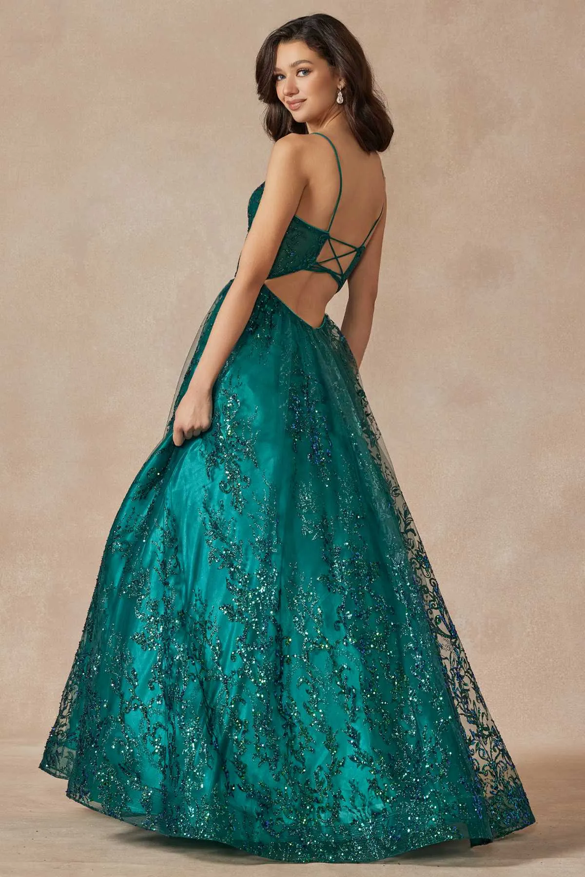 Juliet 2414 Floor Length A-Line Glitter Lace Tulle Ball Gown