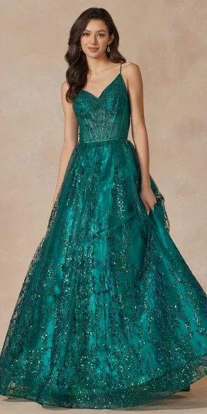 Juliet 2414 Floor Length A-Line Glitter Lace Tulle Ball Gown