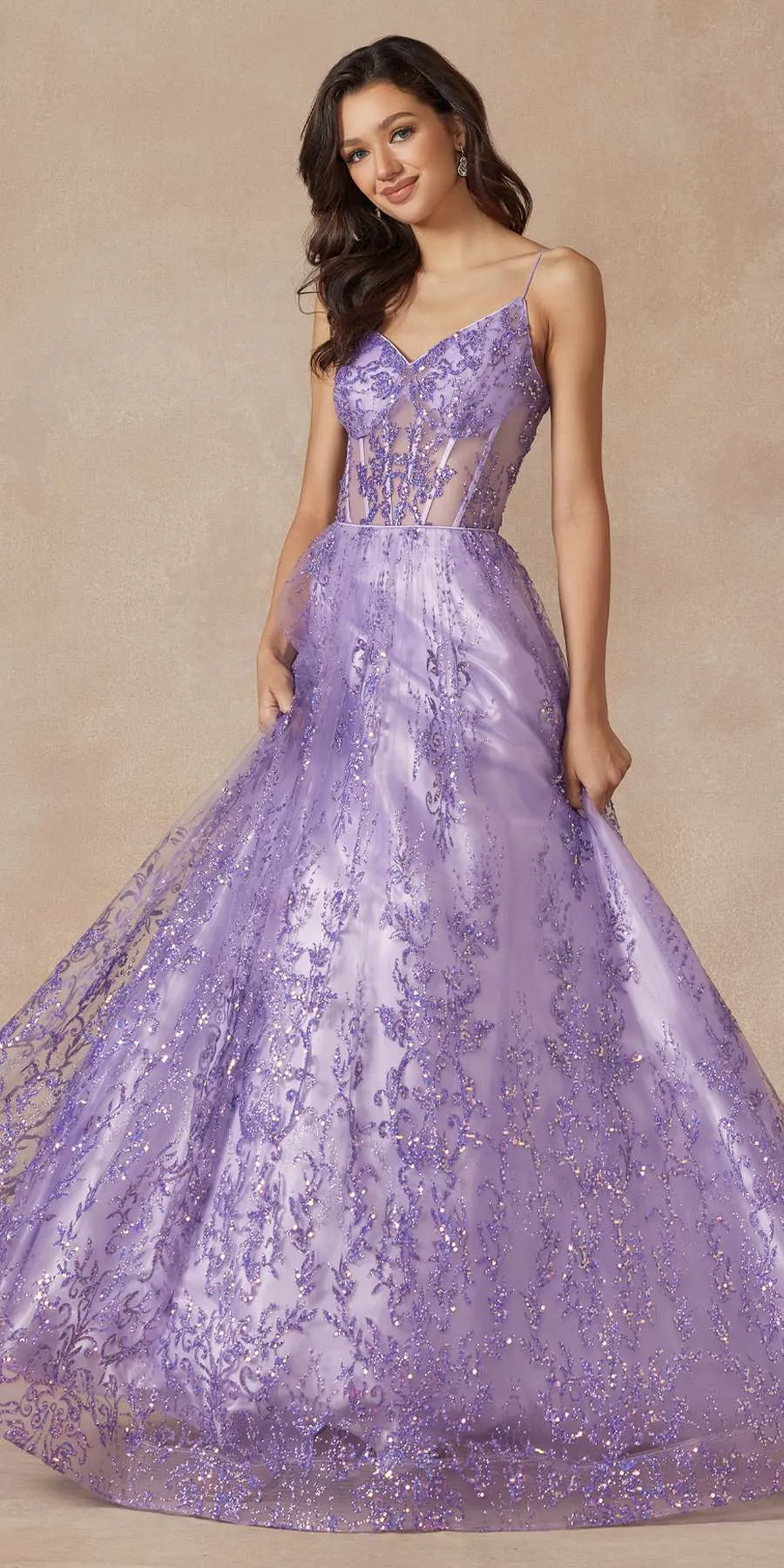 Juliet 2414 Floor Length A-Line Glitter Lace Tulle Ball Gown