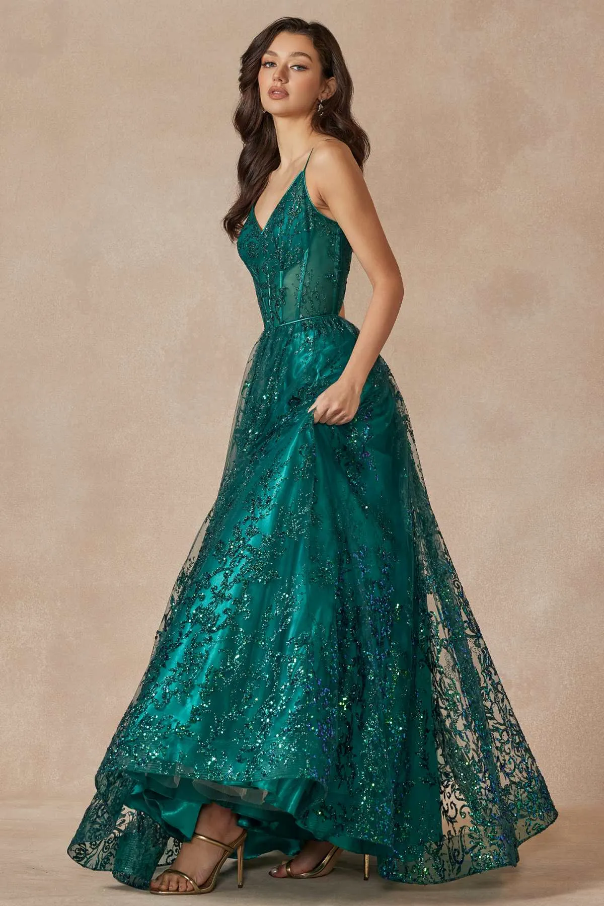 Juliet 2414 Floor Length A-Line Glitter Lace Tulle Ball Gown