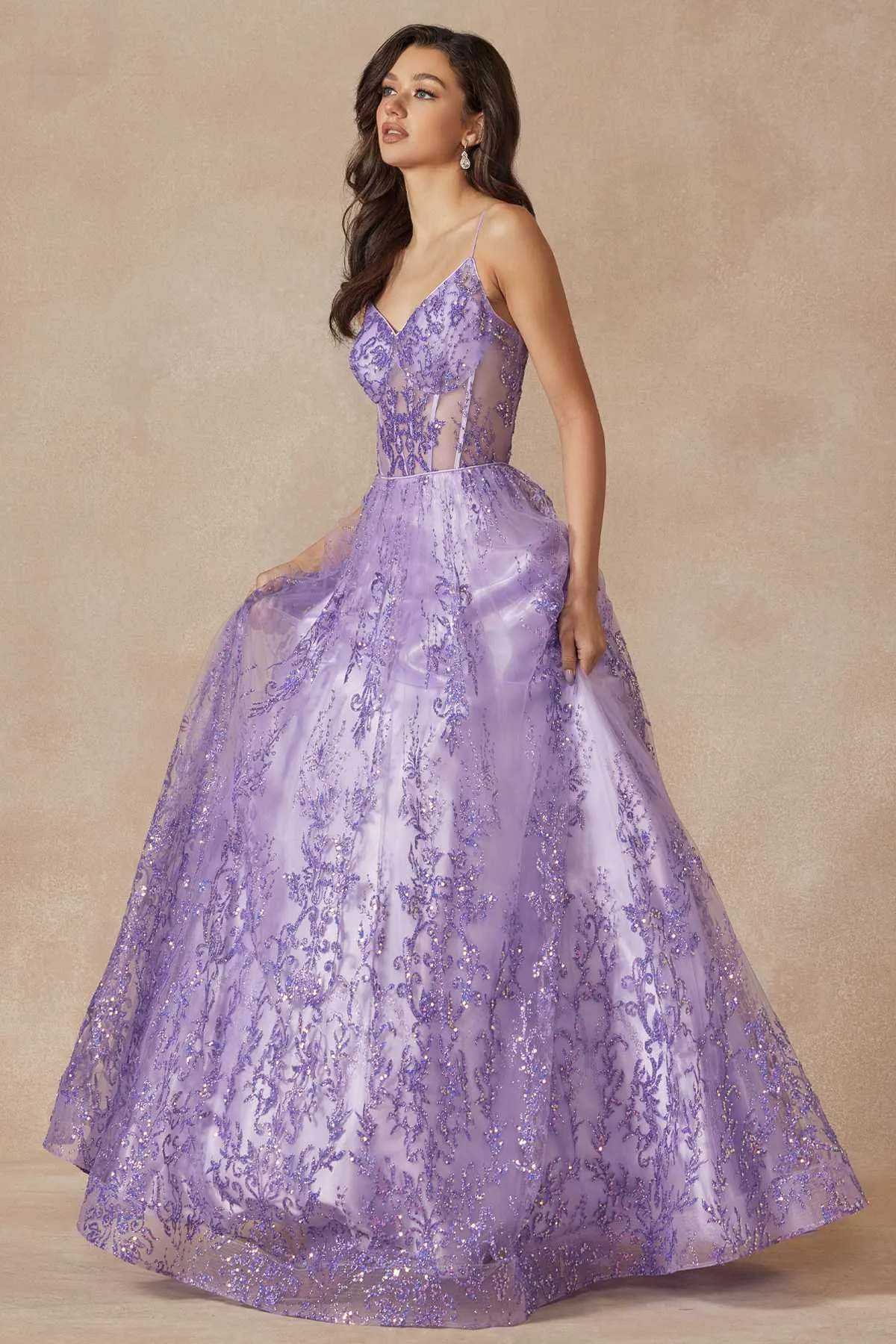 Juliet 2414 Floor Length A-Line Glitter Lace Tulle Ball Gown