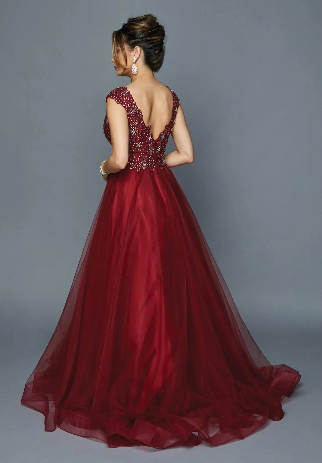 Juliet 684 Cap Sleeved Long Formal Dress with Appliques
